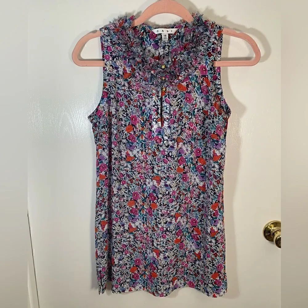 Cabi EUC black/white/pink floral sheer sleeveless blouse Size XS